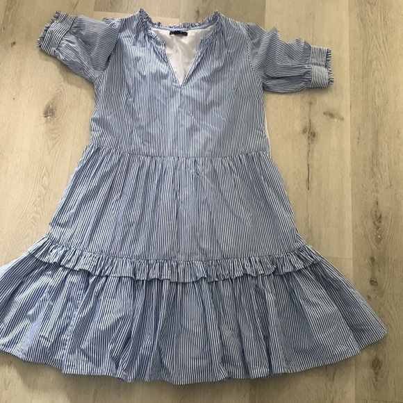 J. Crew Blue and White Striped Popover Tiered Ruffle Dress size small pockets - Picture 5 of 14